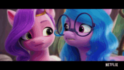 Size: 520x293 | Tagged: safe, screencap, izzy moonbow, pipp petals, zipp storm, pegasus, pony, unicorn, g5, my little pony: a new generation, spoiler:my little pony: a new generation, animated, female, fit right in (g5), gif, glasses, mare