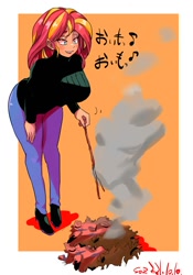 Size: 1400x2000 | Tagged: safe, artist:sozglitch, sunset shimmer, human, g4, big breasts, breasts, busty sunset shimmer, clothes, cooking, female, japanese, jeans, leaf pile, leaves, pants, smoke, solo, stick, sweater