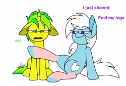 Size: 2048x1393 | Tagged: safe, artist:feather_bloom, oc, oc only, oc:feather bloom(fb), oc:feather_bloom, oc:flower love(kaitykat), pony, unicorn, dialogue, duo, floppy ears, funny, lol, shaved, simple background, white background