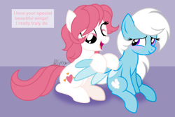 Size: 1024x684 | Tagged: safe, artist:feather_bloom, sweetheart, oc, oc:feather bloom(fb), oc:feather_bloom, earth pony, pegasus, pony, series:pony tales, g1, g4, my little pony tales, blushing, duo, female, lidded eyes, mare, show accurate, sitting, smiling, spread wings, wing massage, wings