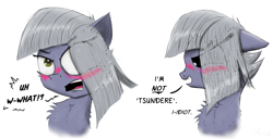 Size: 2100x1071 | Tagged: safe, artist:chopsticks, limestone pie, earth pony, pony, g4, baka, blatant lies, blushing, cheek fluff, chest fluff, comic, cute, denial's not just a river in egypt, dialogue, ear fluff, eyebrows, eyebrows visible through hair, female, floppy ears, limabetes, limetsun pie, looking at you, looking away, nose wrinkle, solo, stuttering, text, tsundere