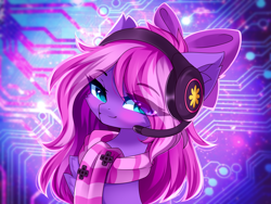 Size: 4444x3333 | Tagged: safe, artist:airiniblock, oc, oc only, oc:lillybit, earth pony, pony, rcf community, bow, bust, clothes, hair bow, headphones, headset, scarf, solo