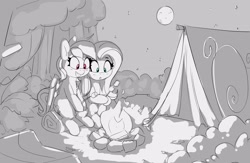 Size: 3871x2528 | Tagged: safe, artist:pabbley, fluttershy, rainbow dash, pegasus, pony, g4, campfire, camping, duo, female, fire, food, full moon, high res, hoof hold, mare, marshmallow, monochrome, moon, night, partial color, roasted marshmallow, sitting, tent, toasting marshmallows