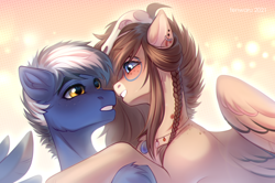 Size: 3200x2121 | Tagged: safe, artist:fenwaru, oc, oc only, oc:maverick, oc:ondrea, oc:squall splitter, pegasus, pony, about to kiss, blushing, cuddling, cute, eye contact, female, high res, hug, looking at each other, looking into each others eyes, male, oc x oc, shipping, skull, straight, unshorn fetlocks