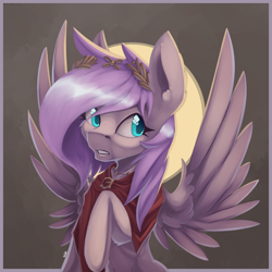 Size: 3000x3000 | Tagged: safe, artist:phi, oc, oc only, oc:violet dawn, pegasus, pony, cape, clothes, frown, gritted teeth, halo, high res, laurel wreath, not fluttershy, pegasus oc, simple background, solo, spread wings, wings