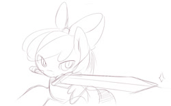 Size: 1072x666 | Tagged: safe, artist:ende26, apple bloom, earth pony, pony, g4, female, filly, sketch, solo, sword, weapon