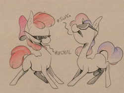 Size: 1280x957 | Tagged: safe, artist:getchanoodlewet, apple bloom, sweetie belle, earth pony, pony, unicorn, g4, cool, female, filly, glasses, shutter shades, sunglasses, traditional art