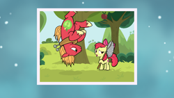Size: 1136x640 | Tagged: safe, artist:sunsetshimmertrainz1, apple bloom, big macintosh, earth pony, pony, g4, going to seed, apple, apple tree, big macintosh is not amused, brother and sister, duo, female, filly, male, siblings, stallion, trap (device), tree, upside down