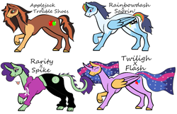 Size: 1269x817 | Tagged: safe, artist:kiaraxkovu27, oc, oc only, alicorn, dracony, earth pony, hybrid, pegasus, pony, interspecies offspring, offspring, parent:applejack, parent:flash sentry, parent:rainbow dash, parent:rarity, parent:soarin', parent:spike, parent:trouble shoes, parent:twilight sparkle, parents:flashlight, parents:soarindash, parents:sparity, parents:troublejack, simple background, white background