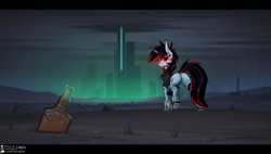 Size: 5093x2894 | Tagged: safe, artist:justafallingstar, oc, oc only, oc:blackjack, cyborg, pony, unicorn, fallout equestria, fallout equestria: project horizons, augmented, butt, cloud, cyber legs, dock, fanfic art, female, hoofington, horn, level 1 (project horizons), looking back, mare, plot, scenery, sky, solo, tail, the core, triangle, wasteland