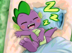 Size: 970x715 | Tagged: safe, artist:star island, spike, dragon, g4, bed, blanket, blush sticker, blushing, cute, drool, eyes closed, feet, onomatopoeia, open mouth, paws, pillow, sleeping, snoring, sound effects, spikabetes, underpaw, zzz