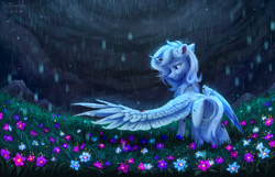 Size: 3500x2247 | Tagged: safe, artist:teaflower300, oc, oc only, alicorn, pony, alicorn oc, butt, curved horn, flower, grass, high res, horn, large wings, one wing out, overcast, plot, rain, solo, wings