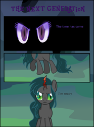 Size: 1783x2392 | Tagged: safe, artist:shootingstarsentry, oc, oc only, oc:nightshade (digimonlover101), changepony, hybrid, pony, comic:the next generation, comic, female, interspecies offspring, offspring, parent:king sombra, parent:queen chrysalis, parents:chrysombra, solo