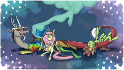 Size: 2133x1200 | Tagged: safe, artist:lonerdemiurge_nail, discord, fluttershy, tree hugger, draconequus, earth pony, pony, g4, bloodshot eyes, clothes, female, glasses, hippieshy, implied drug use, jewelry, male, mare, necklace, peace symbol, shirt, smoke, t-shirt, trio