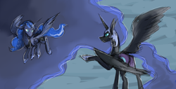 Size: 3264x1657 | Tagged: safe, artist:lonerdemiurge_nail, nightmare moon, princess luna, alicorn, pony, g4, colored sketch, duality, ethereal mane, female, mare, sketch