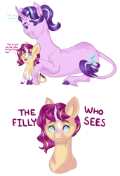 Size: 2048x3000 | Tagged: safe, artist:rainydayjitters, starlight glimmer, oc, oc:sundown dawn, pony, unicorn, g4, backwards cutie mark, blind, colored hooves, curved horn, female, filly, high res, horn, leonine tail, lying down, offspring, parent:starlight glimmer, parent:sunburst, parents:starburst, prone, simple background, tail, unshorn fetlocks, white background