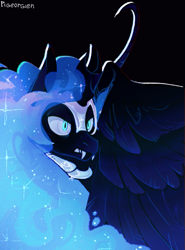 Size: 567x768 | Tagged: source needed, safe, artist:pigeorgien, nightmare moon, alicorn, pony, g4, angry, ethereal mane, fangs, female, helmet, mare, solo, wings