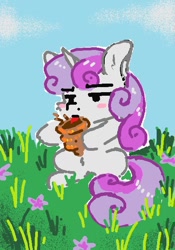 Size: 448x640 | Tagged: safe, artist:lonerdemiurge_nail, sweetie belle, pony, unicorn, g4, chocolate coronet, eating, grass, outdoors, passpartout, solo