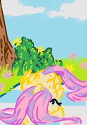 Size: 448x640 | Tagged: safe, artist:lonerdemiurge_nail, fluttershy, pegasus, pony, g4, hair over one eye, outdoors, passpartout, shy, solo