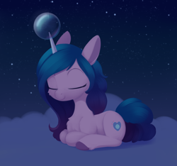 Size: 1158x1082 | Tagged: safe, artist:dusthiel, izzy moonbow, pony, g5, my little pony: a new generation, crystal ball, eyes closed, horn, horn impalement, izzy impaling things, lying down, magic, ponytober, prone, solo