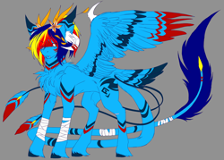 Size: 960x688 | Tagged: safe, artist:primarylilybrisk, oc, oc only, oc:primarylily brisk, pegasus, pony, chest fluff, claws, coat markings, colored, colored wings, fangs, flat colors, gradient background, horn, male, slit pupils, solo, spread wings, stallion, tail, tail feathers, wing claws, wings