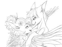Size: 960x719 | Tagged: safe, artist:primarylilybrisk, oc, oc only, pegasus, pony, duo, flower, flower in hair, looking at each other, monochrome, signature