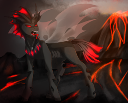 Size: 960x777 | Tagged: safe, artist:primarylilybrisk, oc, oc only, changeling, changeling oc, fangs, jewelry, pendant, red changeling, solo, standing, tongue out, volcano
