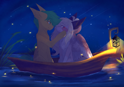 Size: 1900x1337 | Tagged: safe, artist:primarylilybrisk, oc, oc only, earth pony, firefly (insect), insect, pegasus, pony, blushing, boat, chest fluff, colored ears, duo, female, lantern, looking at each other, male, mare, night, night sky, outdoors, signature, sitting, sky, stallion