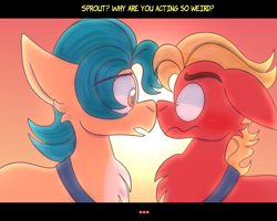 Size: 3000x2400 | Tagged: safe, artist:saveraedae, hitch trailblazer, sprout cloverleaf, earth pony, pony, g5, my little pony: a new generation, blushing, chest fluff, dialogue, eyebrows, eyebrows visible through hair, gay, high res, hitchsprout, male, nose to nose, sash, shipping, shy, stallion, stallion on stallion, stupid sexy hitch trailblazer, sunset