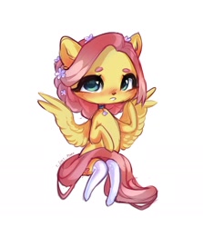 Size: 1648x1849 | Tagged: safe, artist:ijustmari, fluttershy, pegasus, pony, alternate hairstyle, beanbrows, chibi, choker, clothes, eyebrows, flower, flower in hair, simple background, socks, solo, thigh highs, white background