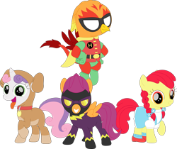 Size: 3565x2997 | Tagged: safe, artist:porygon2z, apple bloom, scootaloo, sweetie belle, oc, oc:heatwave, g4, clothes, costume, cutie mark crusaders, dc comics, dorothy gale, halloween, high res, holiday, nightmare night, pigtails, robin (dc comics), shadowbolt scootaloo, shadowbolts costume, simple background, teen titans, the wizard of oz, transparent background