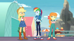 Size: 3410x1920 | Tagged: safe, screencap, applejack, megan williams, megan williams (g4), rainbow dash, equestria girls, equestria girls specials, g4, my little pony equestria girls: better together, my little pony equestria girls: rollercoaster of friendship, applejack's hat, belt, boots, clothes, converse, cowboy boots, cowboy hat, crossed arms, cutie mark, cutie mark on clothes, denim skirt, female, geode of super speed, geode of super strength, hand on hip, hat, high res, jewelry, magical geodes, necklace, shoes, skirt, smiling, sneakers