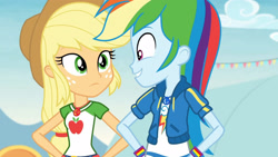 Size: 3410x1920 | Tagged: safe, screencap, applejack, rainbow dash, equestria girls, equestria girls specials, g4, my little pony equestria girls: better together, my little pony equestria girls: rollercoaster of friendship, applejack's hat, belt, clothes, cowboy hat, cutie mark, cutie mark on clothes, denim skirt, female, geode of super speed, geode of super strength, hand on hip, hat, high res, jewelry, magical geodes, necklace, skirt, smiling