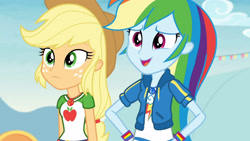 Size: 3410x1920 | Tagged: safe, screencap, applejack, rainbow dash, equestria girls, equestria girls specials, g4, my little pony equestria girls: better together, my little pony equestria girls: rollercoaster of friendship, applejack's hat, belt, clothes, cowboy hat, cutie mark, cutie mark on clothes, denim skirt, female, geode of super speed, geode of super strength, hand on hip, hat, high res, jewelry, magical geodes, necklace, open mouth, skirt