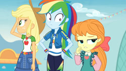Size: 3410x1920 | Tagged: safe, screencap, applejack, megan williams, megan williams (g4), rainbow dash, equestria girls, equestria girls specials, g4, my little pony equestria girls: better together, my little pony equestria girls: rollercoaster of friendship, applejack's hat, belt, clothes, cowboy hat, cutie mark, cutie mark on clothes, denim skirt, female, geode of super speed, geode of super strength, hand on hip, hat, high res, jewelry, magical geodes, necklace, skirt