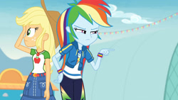 Size: 3410x1920 | Tagged: safe, screencap, applejack, rainbow dash, equestria girls, equestria girls specials, g4, my little pony equestria girls: better together, my little pony equestria girls: rollercoaster of friendship, applejack's hat, belt, clothes, cowboy hat, cutie mark, cutie mark on clothes, denim skirt, female, geode of super speed, geode of super strength, hand on hip, hat, high res, jewelry, magical geodes, necklace, skirt