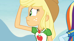 Size: 3410x1920 | Tagged: safe, screencap, applejack, rainbow dash, equestria girls, equestria girls specials, g4, my little pony equestria girls: better together, my little pony equestria girls: rollercoaster of friendship, applejack's hat, clothes, cowboy hat, cutie mark, cutie mark on clothes, female, geode of super strength, hat, high res, hoodie, jewelry, magical geodes, necklace, offscreen character