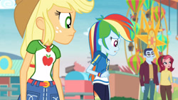 Size: 3410x1920 | Tagged: safe, screencap, applejack, rainbow dash, equestria girls, equestria girls specials, g4, my little pony equestria girls: better together, my little pony equestria girls: rollercoaster of friendship, applejack's hat, belt, clothes, cowboy hat, cutie mark, cutie mark on clothes, denim skirt, female, geode of super speed, geode of super strength, hat, high res, hoodie, jewelry, magical geodes, male, necklace, open mouth, skirt