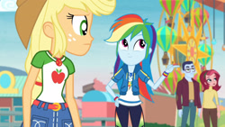 Size: 3410x1920 | Tagged: safe, screencap, applejack, rainbow dash, equestria girls, equestria girls specials, g4, my little pony equestria girls: better together, my little pony equestria girls: rollercoaster of friendship, applejack's hat, belt, clothes, cowboy hat, cute, cutie mark, cutie mark on clothes, dashabetes, denim skirt, female, geode of super speed, geode of super strength, hat, high res, hoodie, jewelry, magical geodes, male, necklace, skirt, smiling