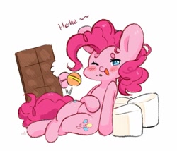 Size: 1363x1165 | Tagged: safe, pinkie pie, earth pony, pony, g4, blushing, candy, chocolate, cute, food, lollipop, marshmallow, solo, sweet