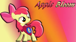 Size: 1920x1080 | Tagged: safe, artist:schocky, apple bloom, earth pony, pony, g4, cape, clothes, cmc cape, female, filly, solo, text, wallpaper