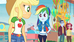 Size: 3410x1920 | Tagged: safe, screencap, applejack, rainbow dash, equestria girls, equestria girls specials, g4, my little pony equestria girls: better together, my little pony equestria girls: rollercoaster of friendship, applejack's hat, belt, clothes, cowboy hat, cutie mark, cutie mark on clothes, denim skirt, female, geode of super speed, geode of super strength, hand on hip, hat, high res, hoodie, jewelry, magical geodes, male, necklace, open mouth, skirt