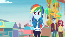 Size: 3410x1920 | Tagged: safe, screencap, rainbow dash, equestria girls, equestria girls specials, g4, my little pony equestria girls: better together, my little pony equestria girls: rollercoaster of friendship, clothes, cutie mark, cutie mark on clothes, female, geode of super speed, hand on hip, high res, hoodie, jewelry, magical geodes, male, necklace