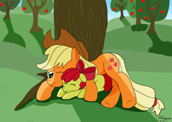 Size: 1200x850 | Tagged: safe, artist:ailynd, apple bloom, applejack, earth pony, pony, g4, apple, apple tree, female, filly, hug, mare, orchard, siblings, sisters, tree