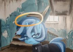 Size: 1778x1274 | Tagged: safe, artist:menalia, oc, oc only, oc:freezy coldres, pony, unicorn, adidas, clothes, female, halo, horn, indoors, looking at you, mare, pants, russia, solo, staircase, stairs, text, tracksuit, window
