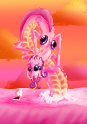Size: 2100x3000 | Tagged: safe, artist:sixes&sevens, princess cadance, goo, goo pony, original species, g4, body horror, eldritch abomination, high res, multiple limbs, ocean, ship, species swap, sunset, tentacle mane, tongue out, translucent