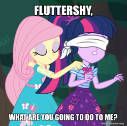 Size: 695x691 | Tagged: safe, edit, edited screencap, screencap, fluttershy, sci-twi, twilight sparkle, equestria girls, g4, my little pony equestria girls: better together, stressed in show, stressed in show: fluttershy, blindfold, caption, cropped, image macro, text