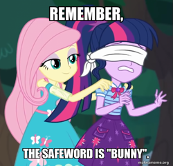 Size: 699x675 | Tagged: safe, edit, edited screencap, screencap, fluttershy, sci-twi, twilight sparkle, human, equestria girls, g4, my little pony equestria girls: better together, stressed in show, stressed in show: fluttershy, blindfold, caption, cropped, female, image macro, implied sex, makeameme.org, safe word, text