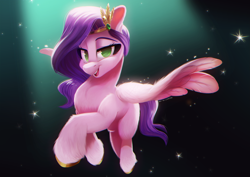Size: 2829x2000 | Tagged: safe, artist:light262, pipp petals, pegasus, pony, g5, my little pony: a new generation, cheek fluff, chest fluff, chromatic aberration, dark, ear fluff, female, fluffy, gradient background, green background, high res, hoof fluff, leg fluff, lidded eyes, looking at you, mare, no pupils, open mouth, smiling, smiling at you, solo, sparkles, spotlight, spread wings, unshorn fetlocks, wing fluff, wings
