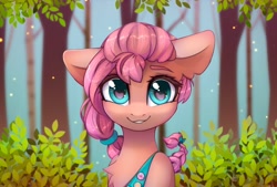Size: 1748x1181 | Tagged: safe, artist:art_n_prints, artist:radioaxi, sunny starscout, earth pony, pony, g5, badge, braid, bust, chest fluff, collaboration, colored eyebrows, cute, ear fluff, female, fluttershy's cutie mark, forest, grin, leaf, looking at you, mare, smiling, smiling at you, solo, tree, twilight sparkle's cutie mark